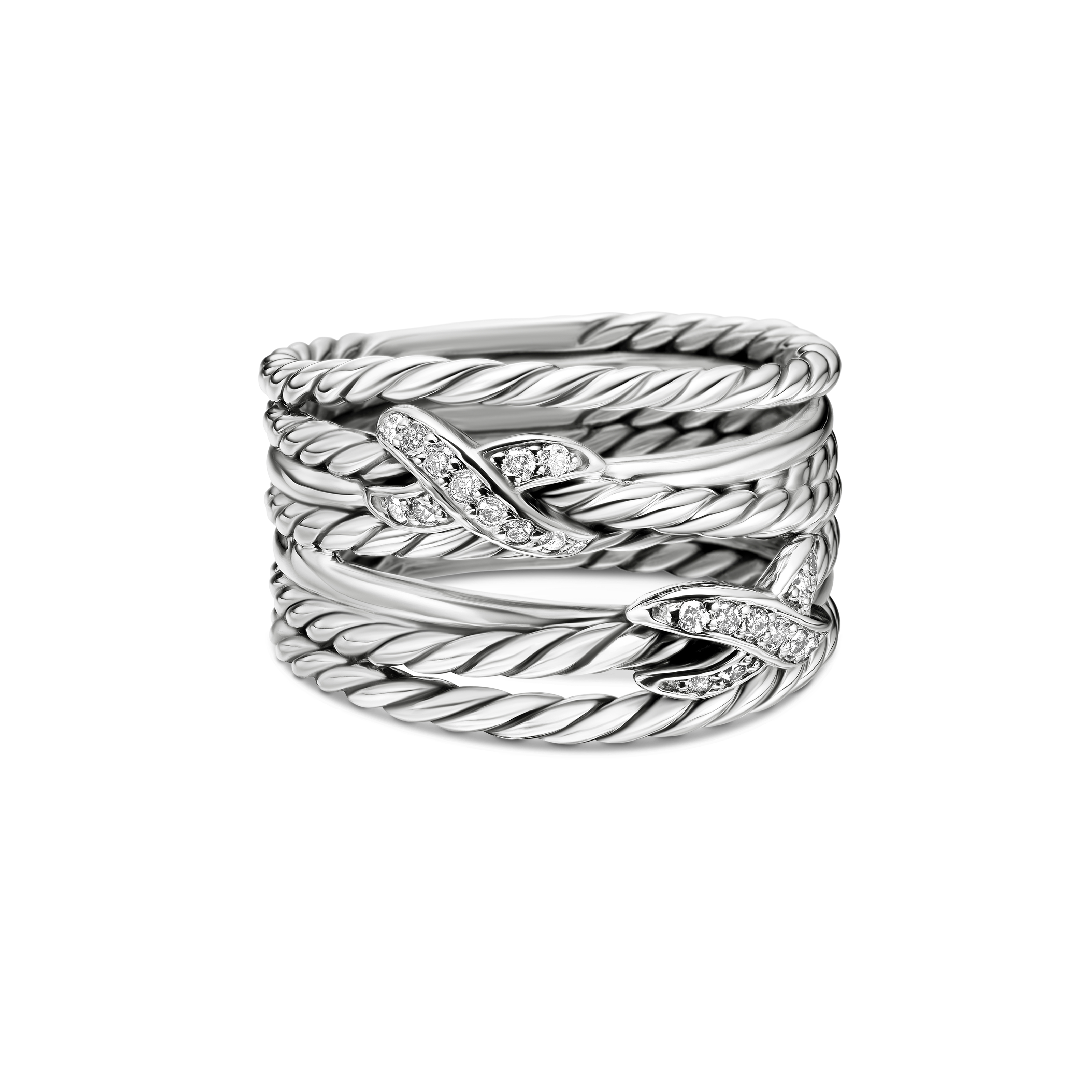 Double X Crossover Ring in Sterling Silver with Pave Diamonds
