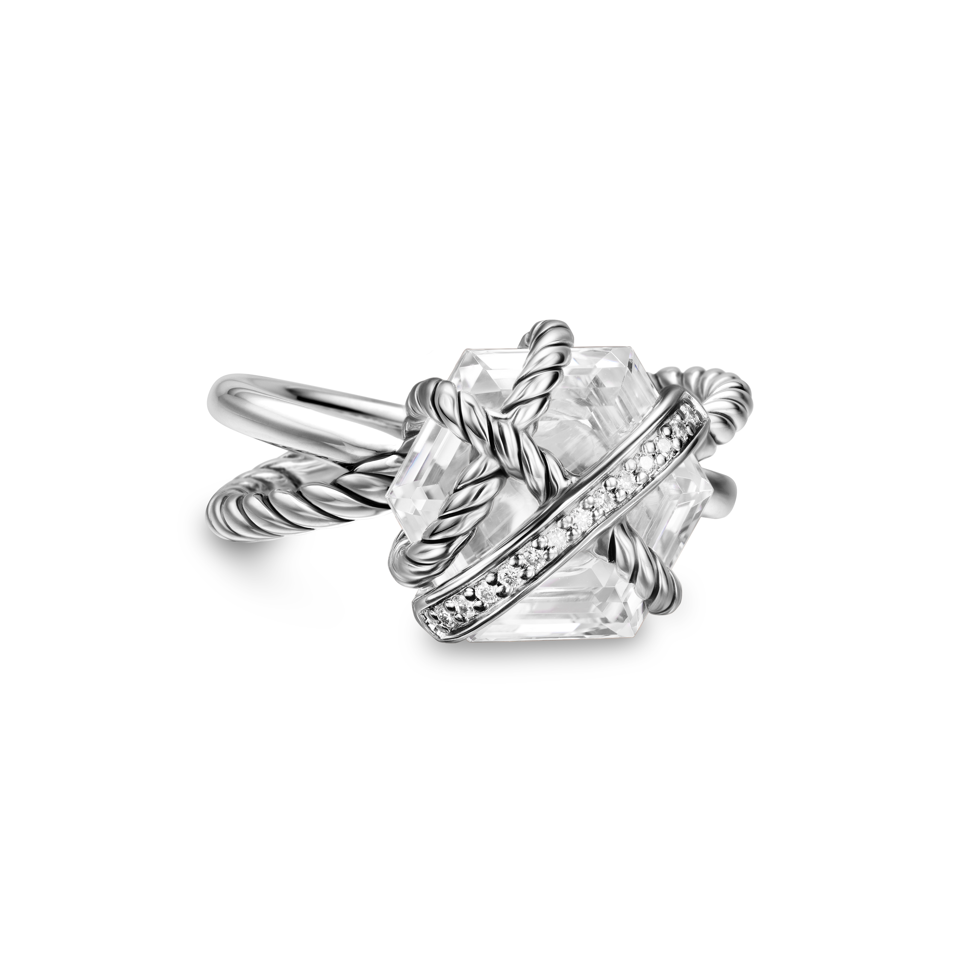 Cable Wrap Ring in Sterling Silver with Crystal and Pavé Diamonds, 11mm