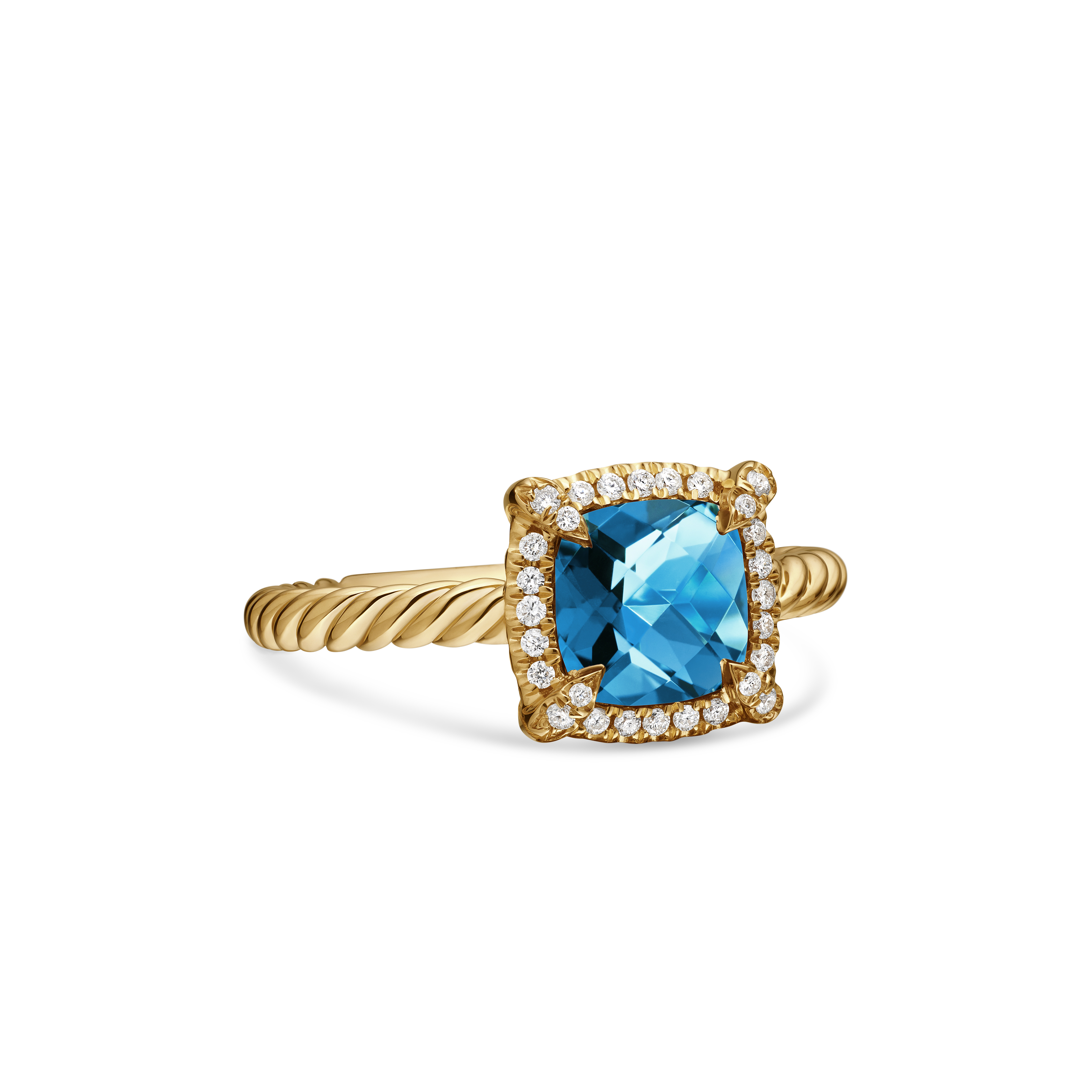 Petite Chatelaine® Pavé Bezel Ring in 18K Yellow Gold with Hampton Blue Topaz and Diamonds, 7mm