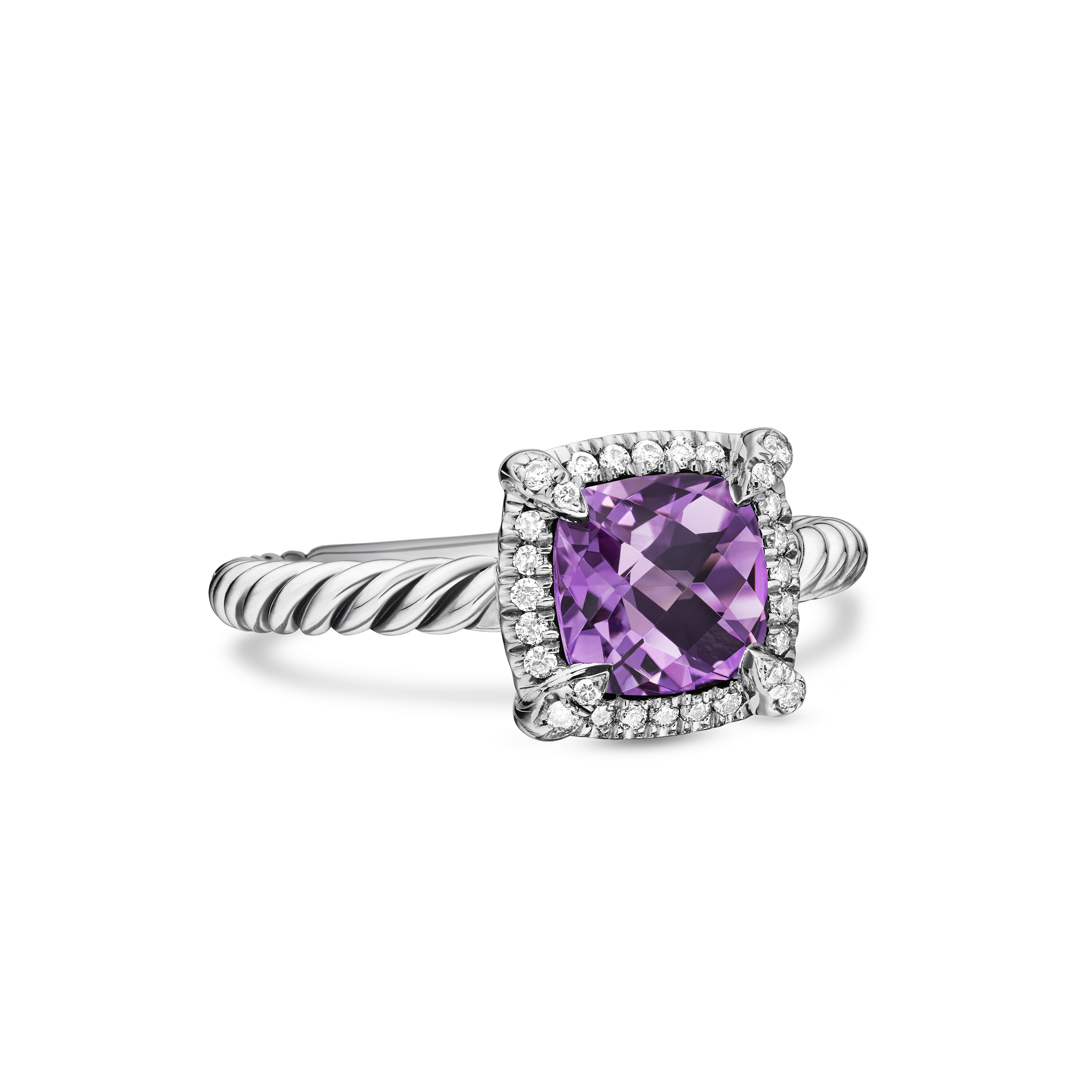 Petite Chatelaine® Pavé Bezel Ring in Sterling Silver with Amethyst and Diamonds, 7mm