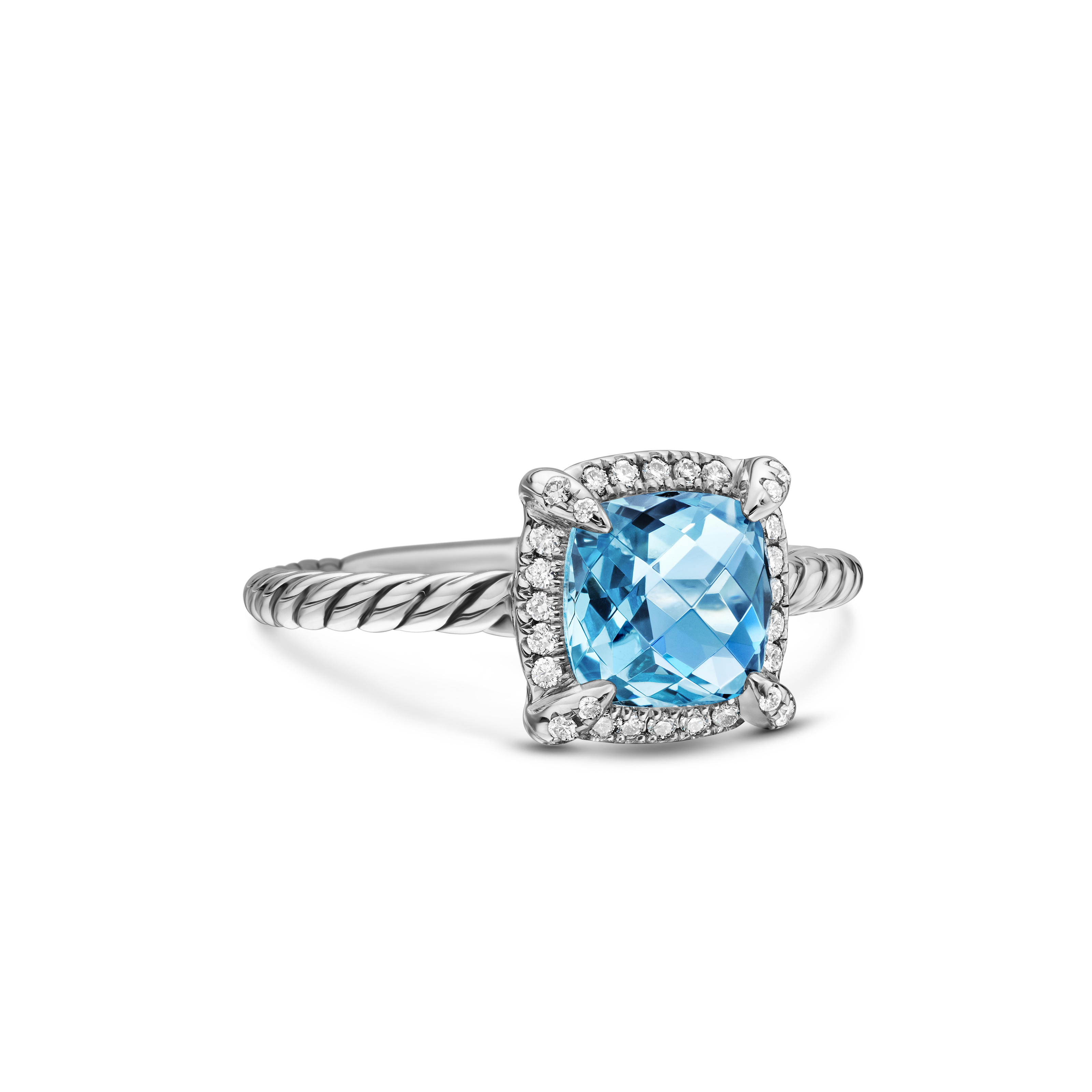 Petite Chatelaine® Pavé Bezel Ring in Sterling Silver with Blue Topaz and Diamonds, 7mm