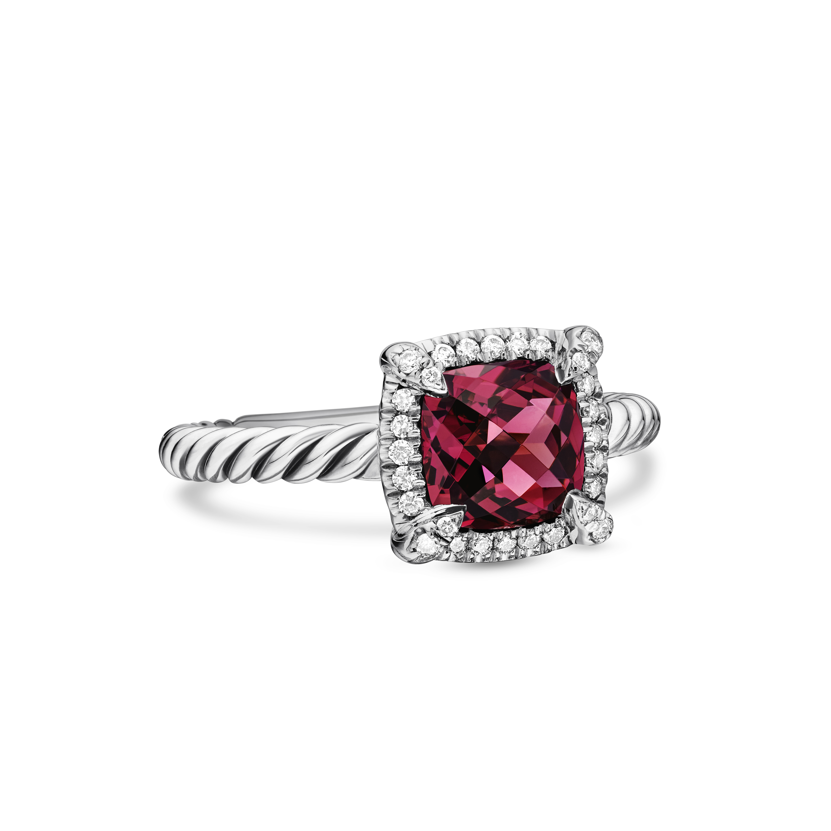 Petite Chatelaine® Pavé Bezel Ring in Sterling Silver with Rhodolite Garnet and Diamonds, 7mm