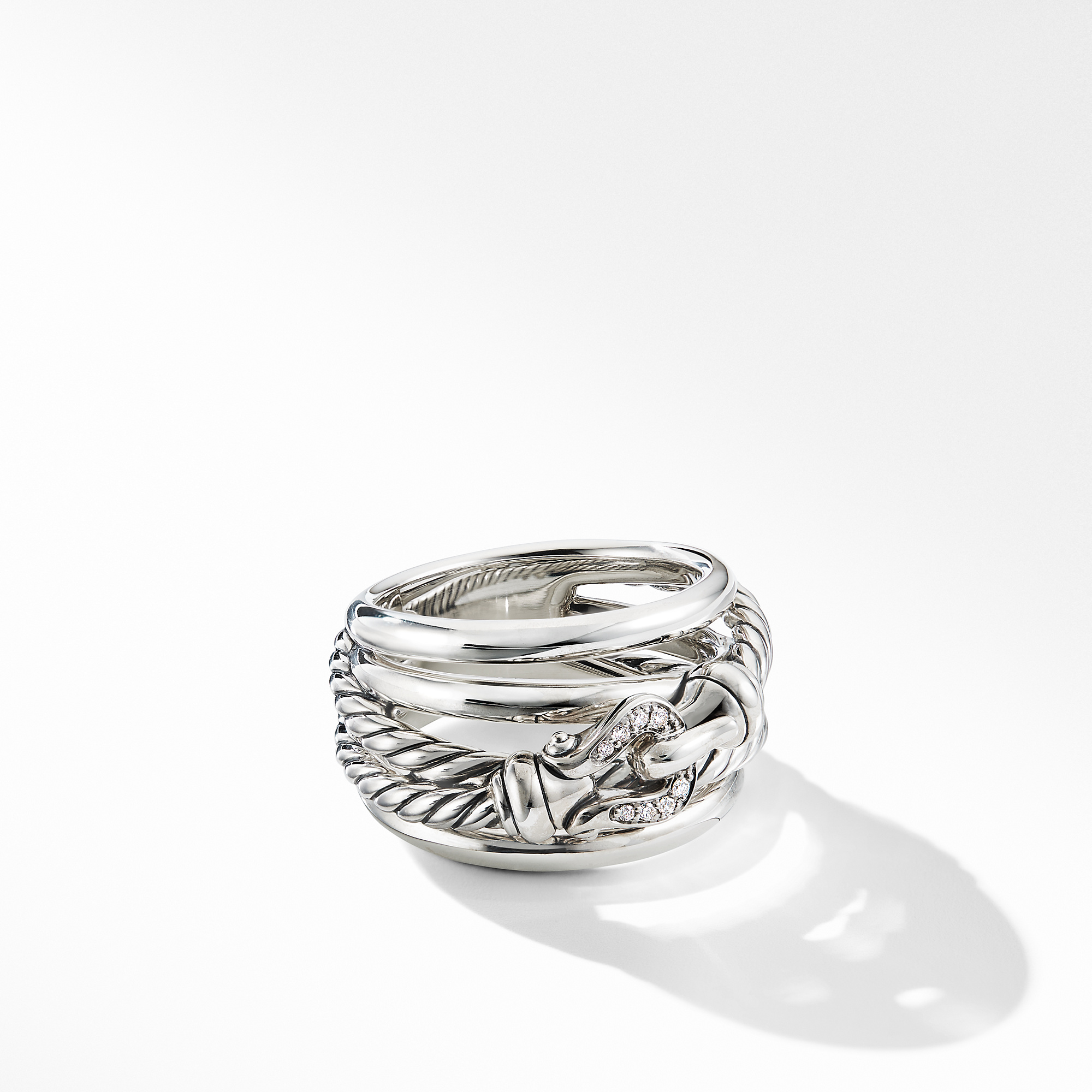 Crossover Buckle Ring in Sterling Silver with Pave Diamonds