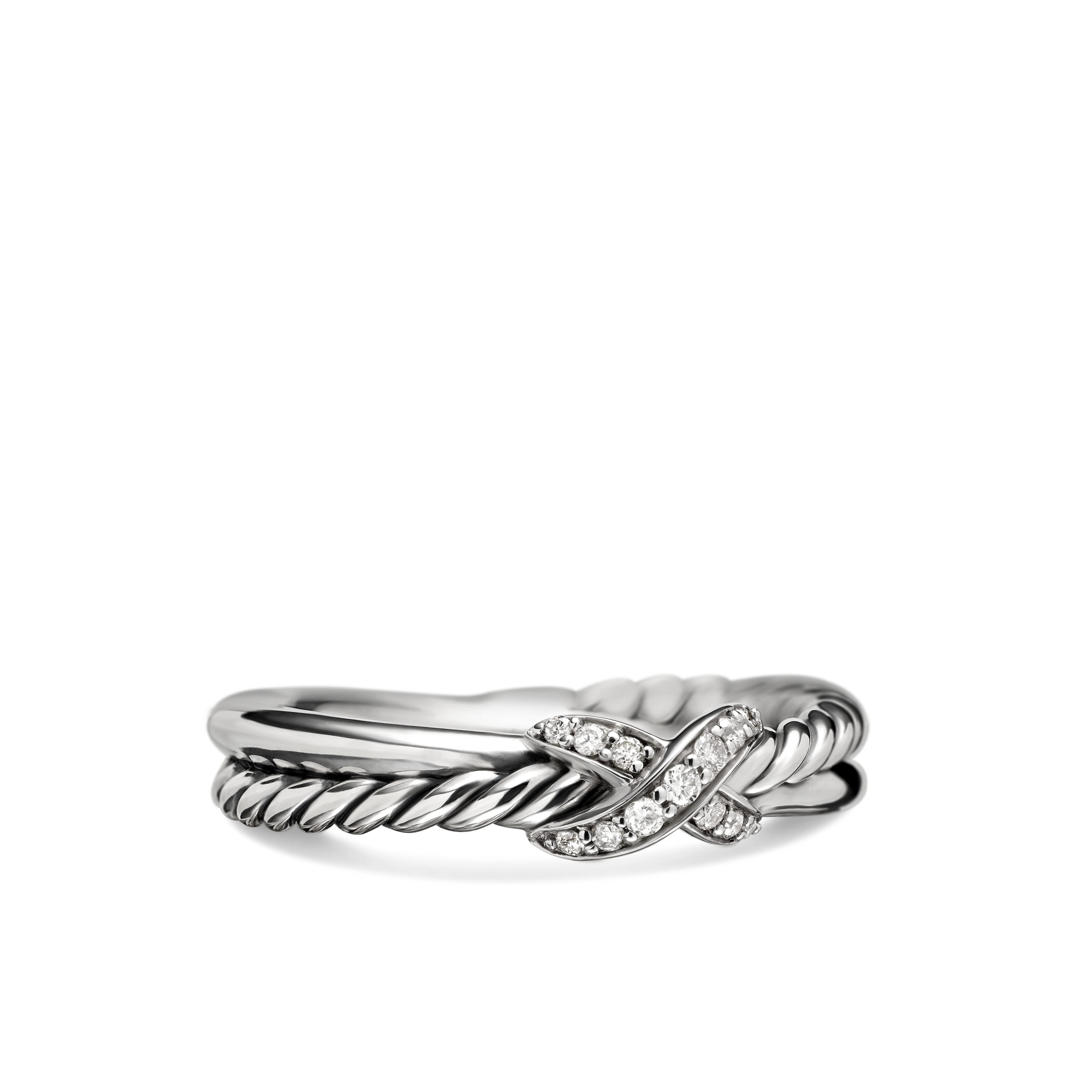 Petite X Ring in Sterling Silver with Pave Diamonds