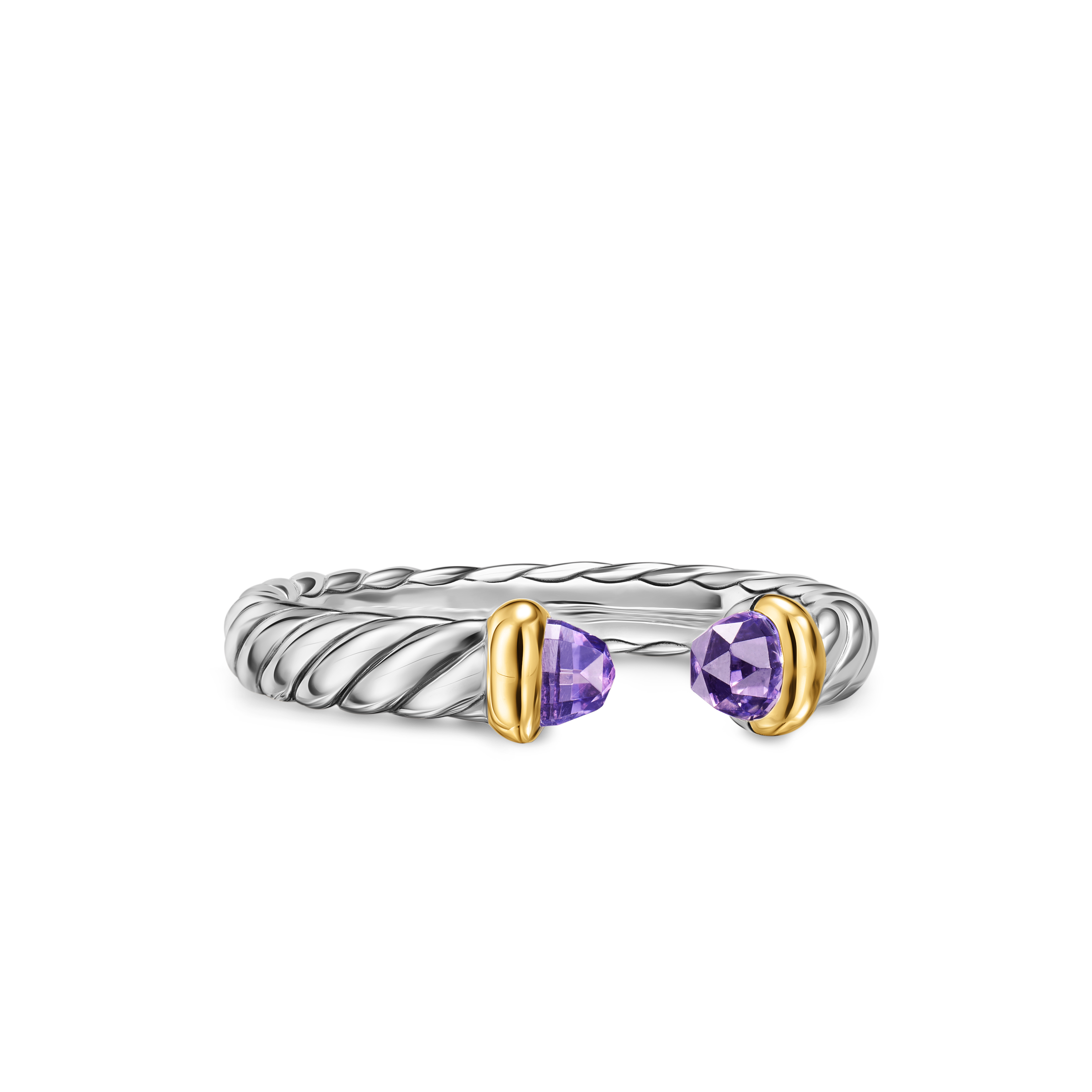 Petite Cable Open Ring in Sterling Silver with 14K Yellow Gold and Amethyst, 3.4mm