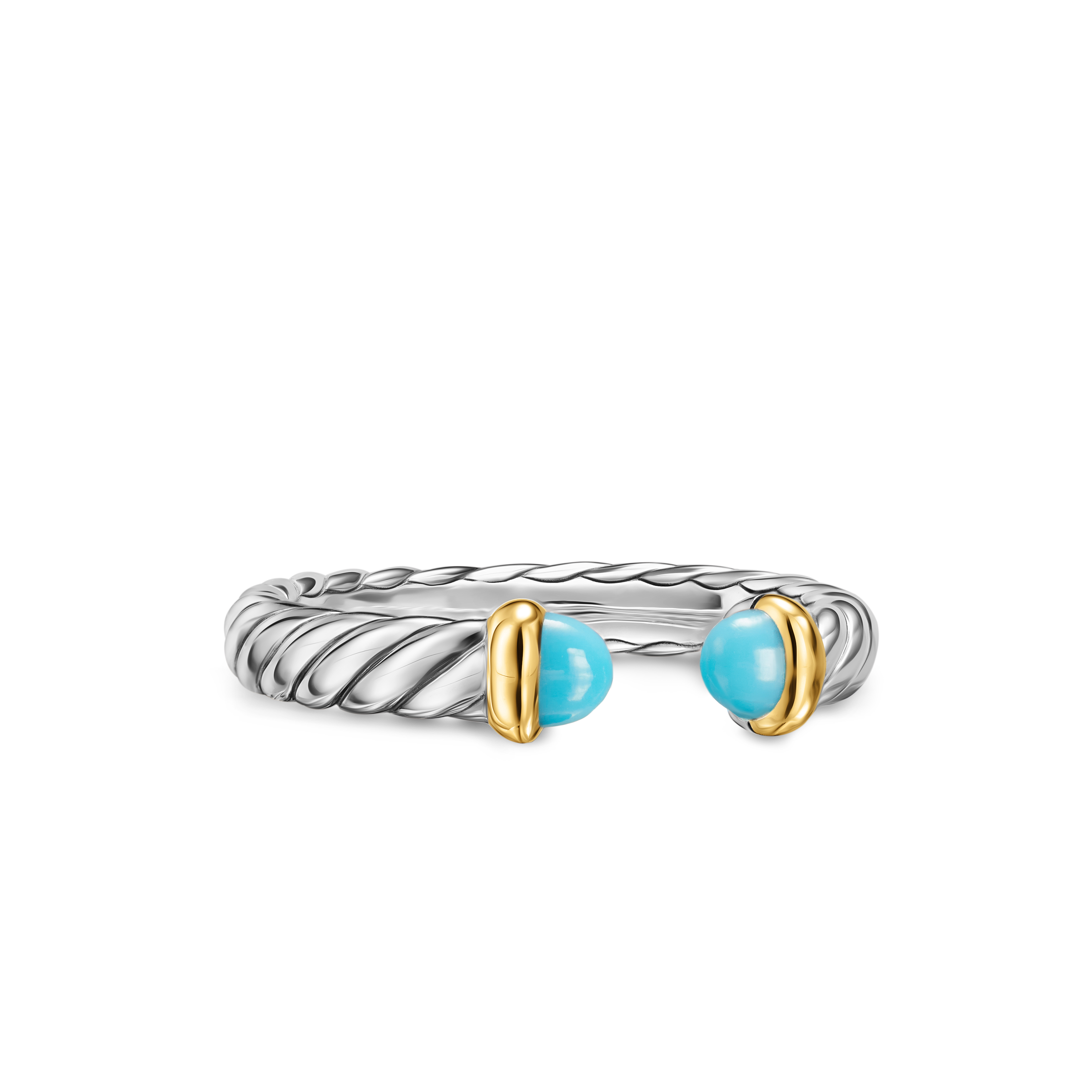 Petite Cable Open Ring in Sterling Silver with 14K Yellow Gold and Turquoise, 3.4mm