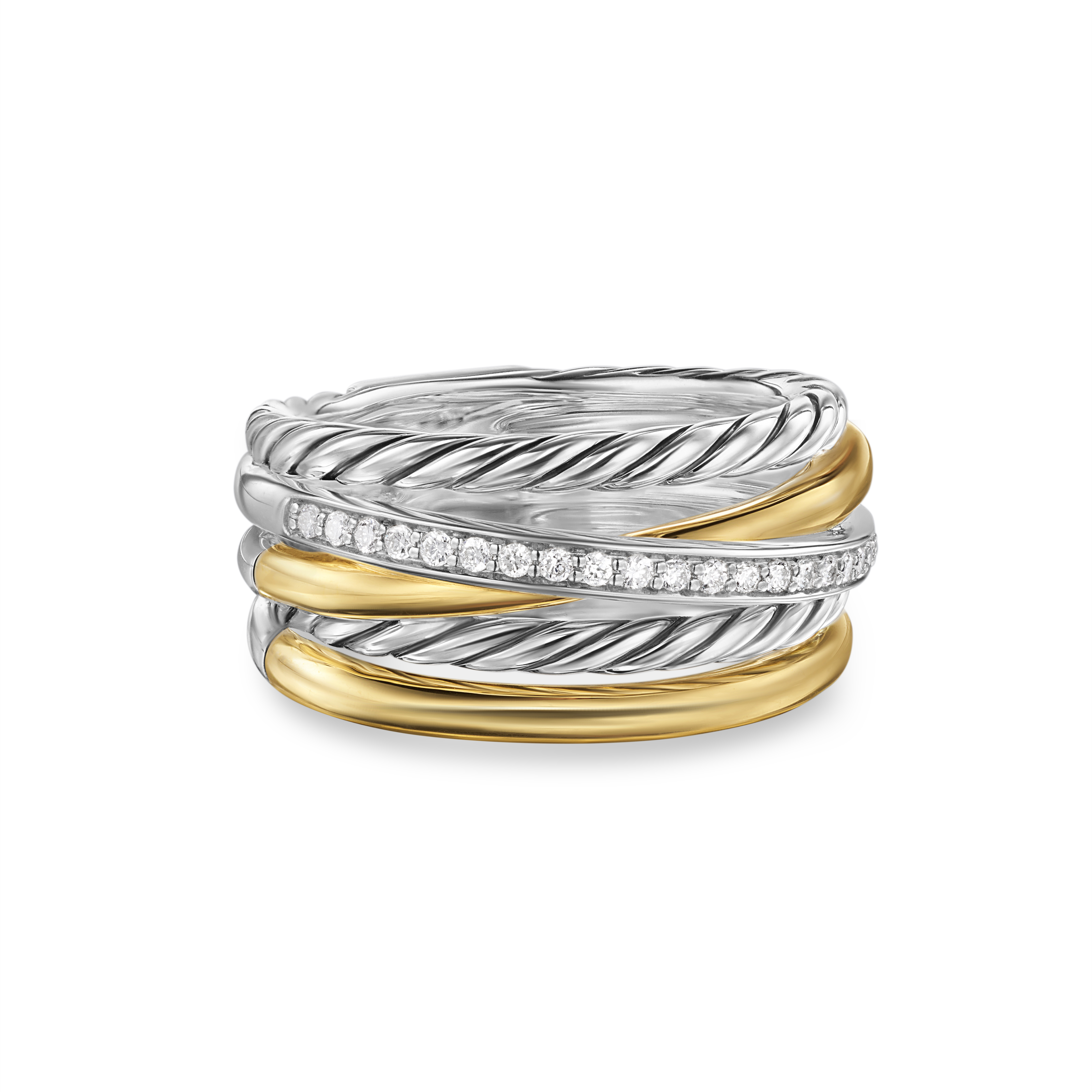 Crossover Five Row Ring in Sterling Silver with 18K Yellow Gold and Diamonds, 11mm