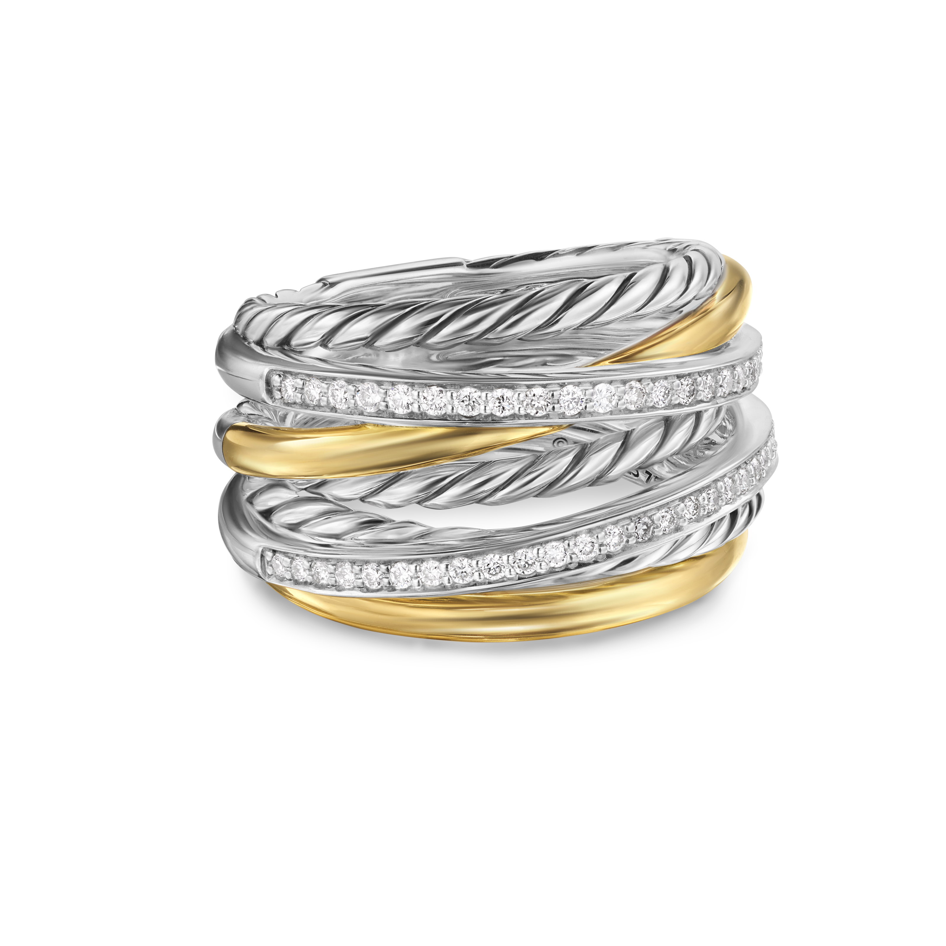 Crossover Seven Row Ring in Sterling Silver with 18K Yellow Gold amd Diamonds, 16mm