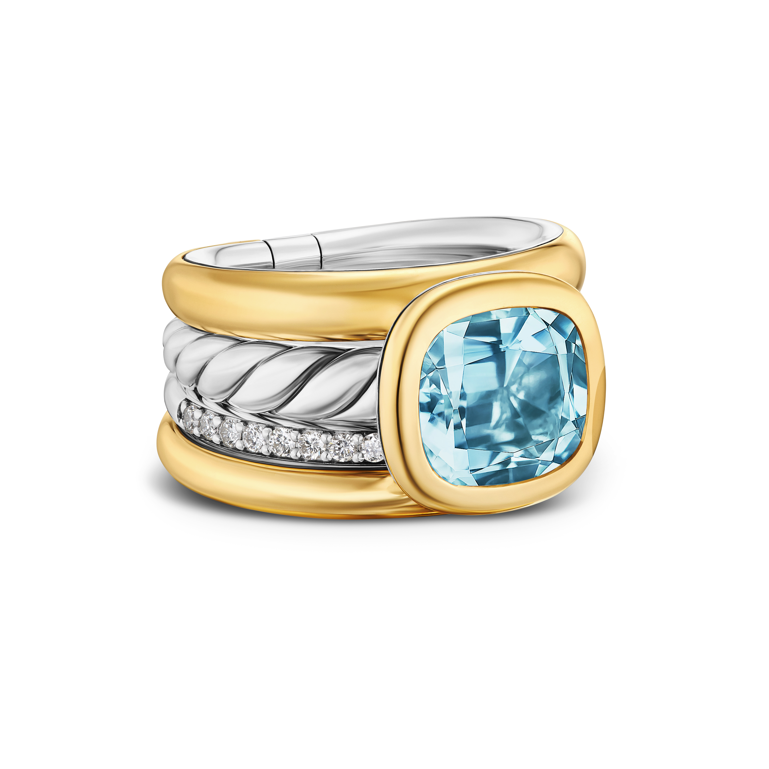 DY Mercer® Four Row Stone Ring in Sterling Silver with 18K Yellow Gold, Sky Blue Topaz and Diamonds, 14mm