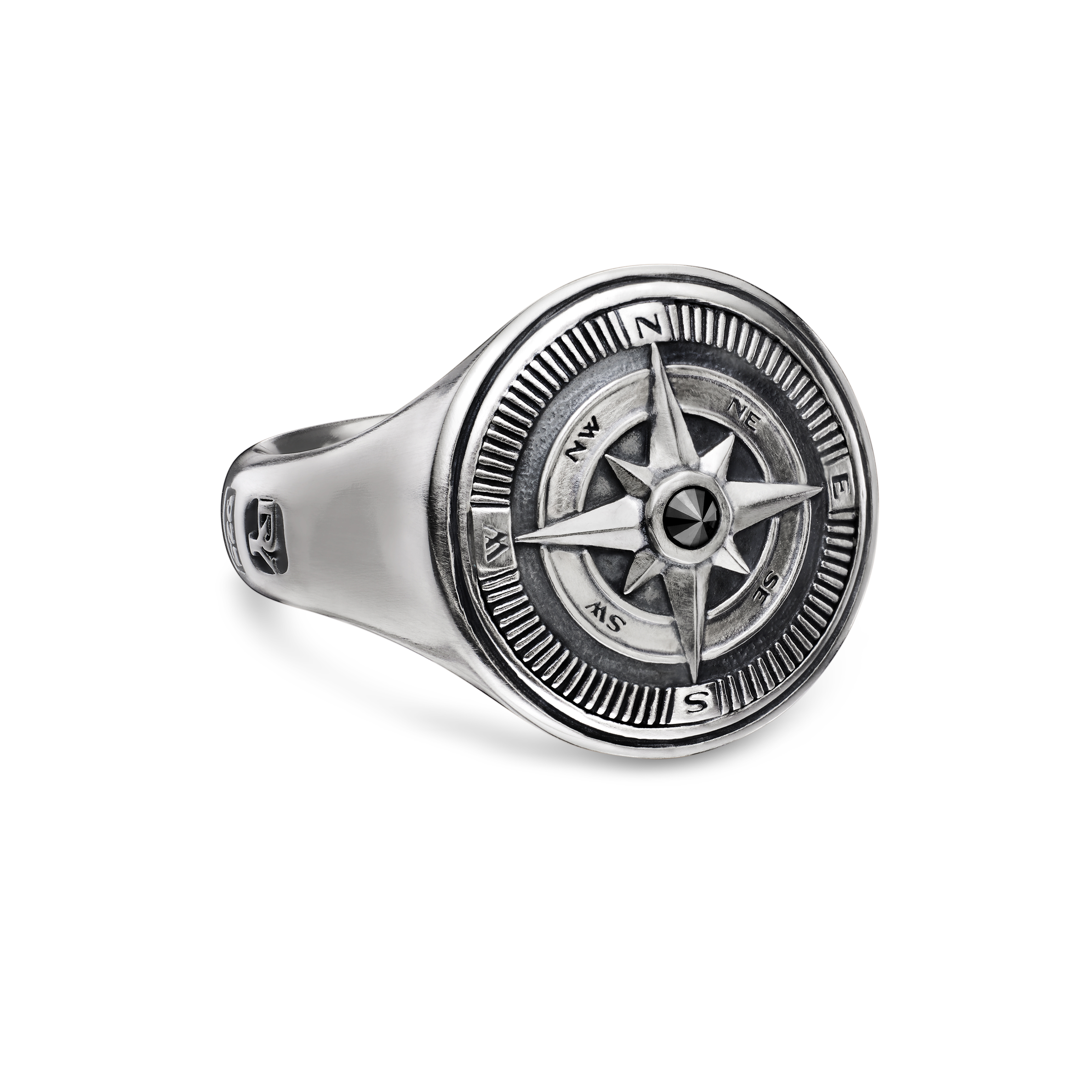 Maritime® Compass Signet Ring in Sterling Silver with Center Black Diamond