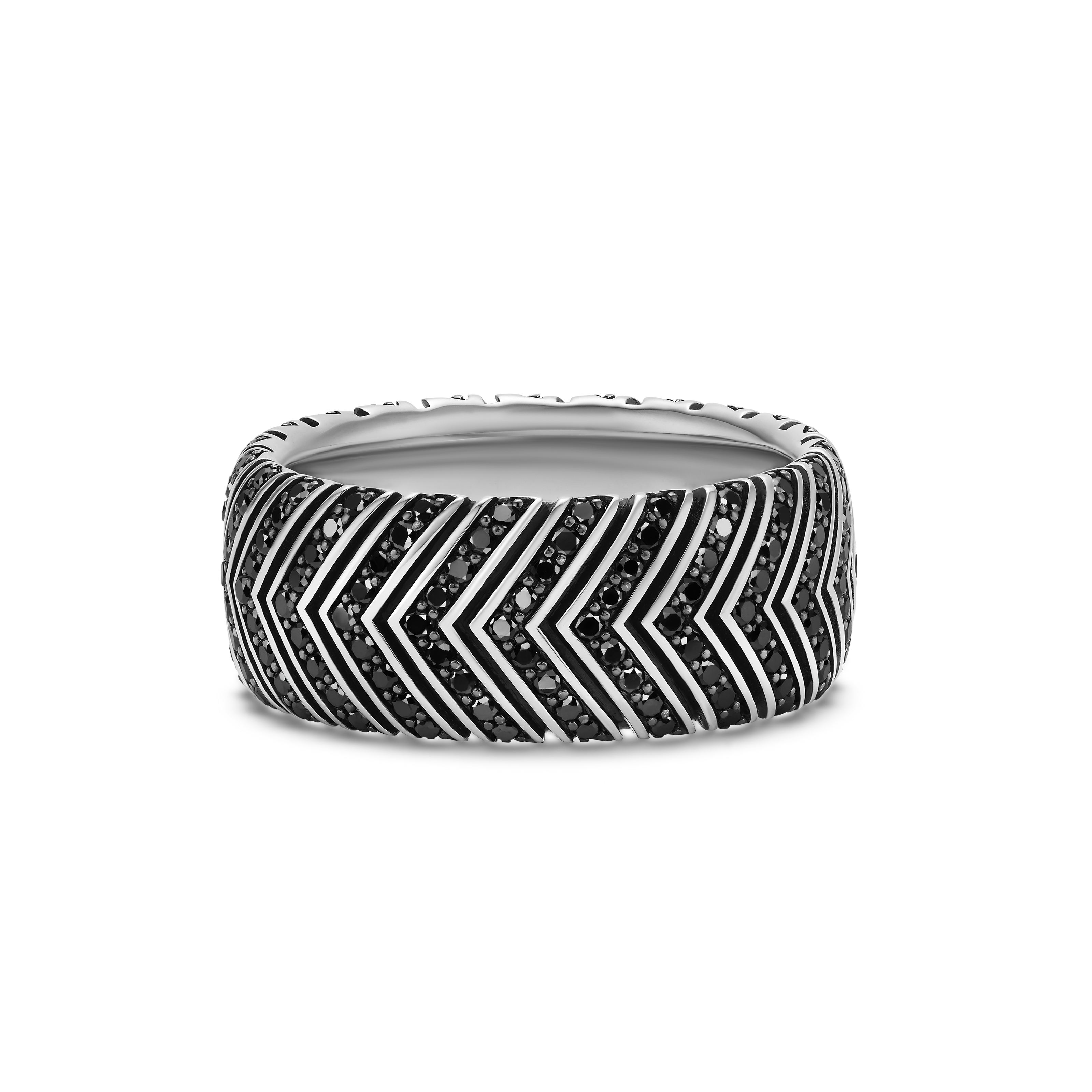 Chevron Band Ring in Sterling Silver with Black Diamonds, 10mm